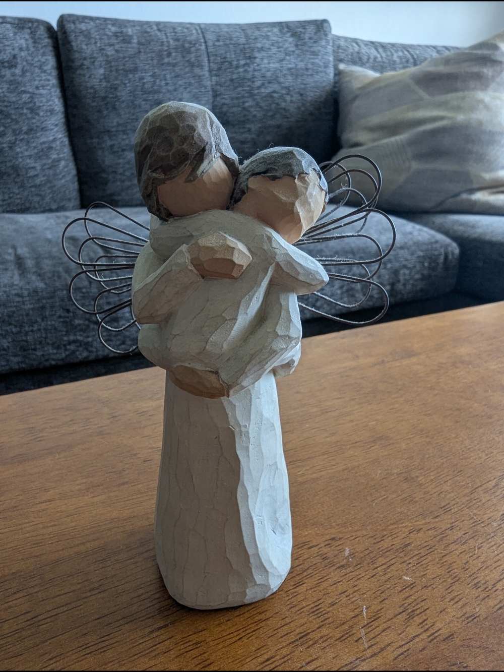 Willow Tree "Angel's Embrace" Sculpture with Wire Wings in Cream and Brown